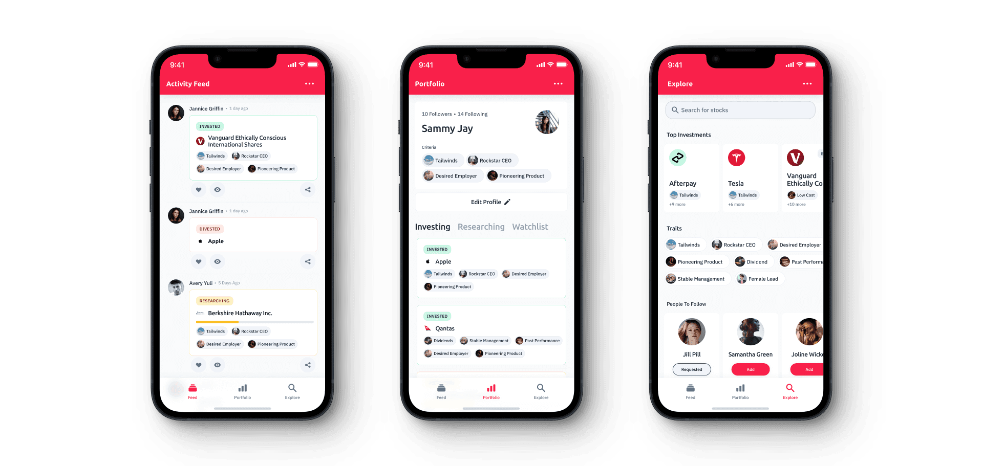 Showing the three main screens of insyde: feed, portfolio and discover